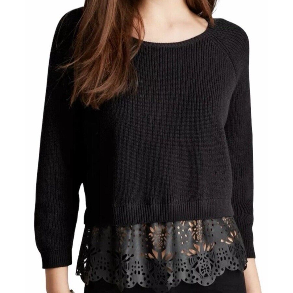 French Connection Women Small Sweater Irene Knit Laser Cut Faux Leather‎ Black